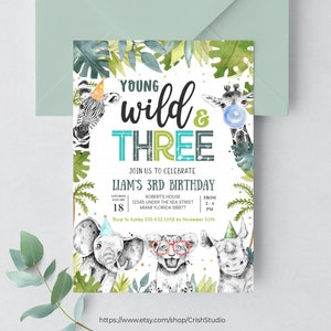 BEWERKBARE Jonge Wild en drie verjaardagsuitnodiging Drie jaar oude Safari Verjaardag Safari uitnodiging Wild kind feestvarken S103