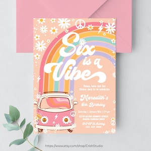 Convite de aniversário seis é uma vibração, hippie van editável, decorações groovy de 6º aniversário, tema hippie, convites retrô g206