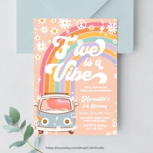 Cinco é uma vibração convite de aniversário hippie van editável 5º aniversário decorações groovy tema hippie convites retrô g705