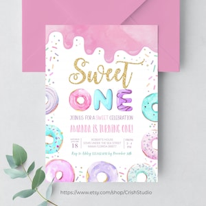 EDITABLE Sweet One Birthday Invitation Donut Birthday Donut Birthday Party First Birthday 1st Birthday Birthday Girl Birthday Card D001