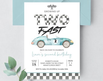 May include: A blue and white race car birthday invitation with a checkered flag design. The invitation says "Growing Up Two Fast" and includes the text "Race on over to celebrate Liam's second birthday".