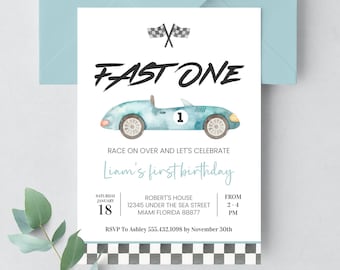 Editable Fast ONE Birthday Invitation Race Car 1st Birthday Invite Racing Car Vintage Racecar Printable Template Instant Download, R201