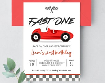 Editable Fast ONE Birthday Invitation Race Car 1st Birthday Invite Racing Car Vintage Racecar Printable Template Instant Download, R203