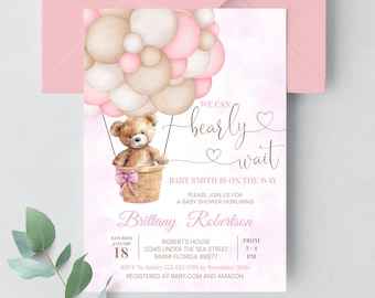 Bearbeitbar Wir können kaum warten Babypartyeinladung Mädchen-Teddybär Heißluftballon-Bär Thema lädt Vorlage Sofort-Download ein, T102