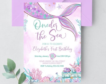 Editable Oneder the Sea Mermaid Purple Teal First 1st Mermaid Birthday Little Mermaid Invite Printable Template Instant Download M101