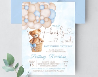 Bewerkbare We kunnen Bearly wachten Baby shower uitnodiging Teddybeer hete luchtballon Beer thema nodigt sjabloon Instant Download, T101