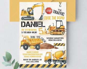 May include: Construction themed birthday party invitation with a yellow excavator, bulldozer, dump truck, and cement mixer. The invitation says "Daniel is turning 5 years old!" and "Join the Crew". It also includes the date and time of the party, the address, and RSVP information.