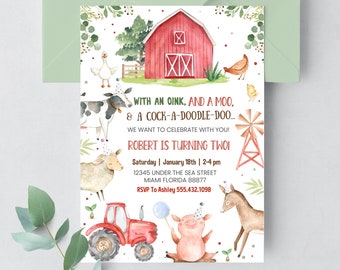 Editable Farm Birthday Invitation Boy Farm Animals Boy Barnyard Birthday Party Download Printable Invitation Template Digital Corjl F101