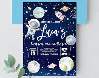 EDITABLE First Trip Around the Sun Outer Space First Birthday Invitation Galaxy Blast Off  Printable Templates Digital Download Corjl TA03