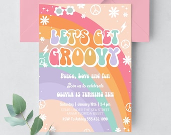 Editable ANY AGE Pink Groovy Van Daisy Rainbow Let's Get Groovy Birthday Invite Hippie Birthday Invitation Pritable Instant Download