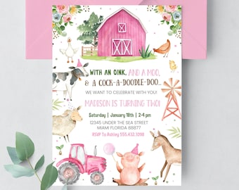 Editable Farm Birthday Invitation, Girl Barn Party, Digital Invite, Farm Animals Barnyard Invitations, INSTANT DOWNLOAD, printable F102