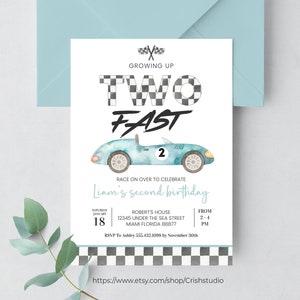 Editable TWO Fast Birthday Invitation Race Car 2nd Birthday Invite Racing Car Vintage Racecar Printable Template Instant Download, R102