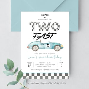 Bewerkbare twee snelle verjaardagsuitnodiging raceauto 2e verjaardag uitnodigen racewagen Vintage raceauto afdrukbare sjabloon Instant Download, R102