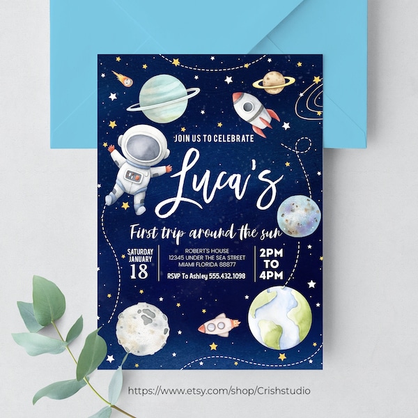 EDITABLE First Trip Around the Sun Outer Space First Birthday Invitation Galaxy Blast Off  Printable Templates Digital Download Corjl TA03