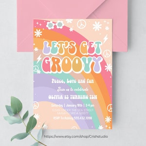 Editable ANY AGE Pink Groovy Van Daisy Rainbow Let&#39;s Get Groovy Birthday Invite Hippie Birthday Invitation Pritable Instant Download
