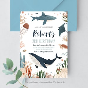 Editable Under the Sea 1st Birthday Party Invitation Whale Turtle Shark Jellyfish Sea Life 1st Birthday Party Instant Download Editable