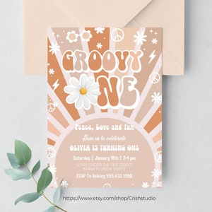 Editable Groovy ONE birthday invitation Pink Daisy Rainbow Groovy Van 1st Birthday Invite Retro Hippie Party Template Instant Download