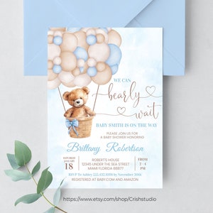 Editable We Can Bearly Wait Baby Shower Invitation Teddy Bear Hot Air Balloon Bear Theme Invites Template Instant Download, T101