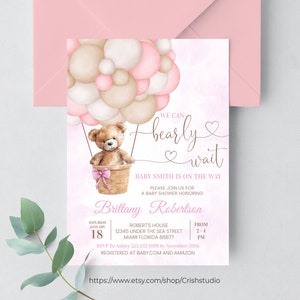 Modificabile Possiamo aspettare con trepidazione Baby Shower Invito Ragazza Orsacchiotto Mongolfiera Orso Tema Invita Modello Download immediato, T102
