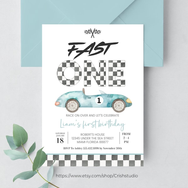 Editable Fast ONE Birthday Invitation Race Car 1st Birthday Invite Racing Car Vintage Racecar Printable Template Instant Download, R202