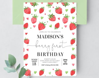 Editable berry first birthday Strawberry Birthday Invitation First Birthday Berry Sweet Girl Cute Strawberries 1st Template Corjl Digital