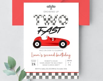 May include: A red and white checkered birthday invitation for a child's second birthday. The invitation features a red race car with a checkered flag and the text "Growing Up Two Fast". The invitation includes the child's name, date, time, and location of the party.