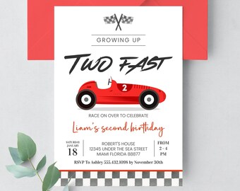 May include: A red and white birthday invitation with a cartoon red race car and the text "Growing Up Two Fast" and "Liam's second birthday". The invitation includes details for the party, including the date, time, location, and RSVP information.