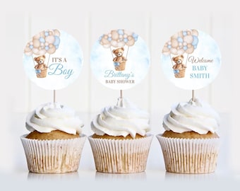 Teddy Bear Baby shower Cupcake Toppers Hot Air Balloon Bear Theme Baby Shower Decor Baby Shower Boy T101