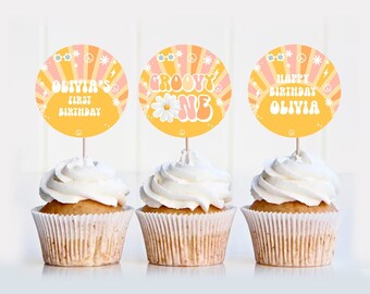 EDITABLE Groovy ONE Cupcake Toppers First Birthday Groovy Party Birthday Cake Topper Groovy Baby Groovy Party Decor G113