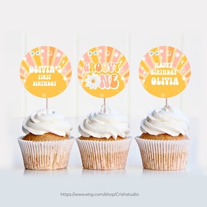 EDITABLE Groovy ONE Cupcake Toppers First Birthday Groovy Party Birthday Cake Topper Groovy Baby Groovy Party Decor G113
