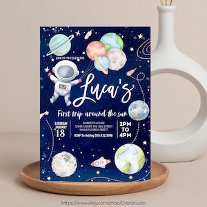 EDITABLE First Trip Around the Sun Outer Space First Birthday Invitation Galaxy Blast Off  Printable Templates Digital Download Corjl