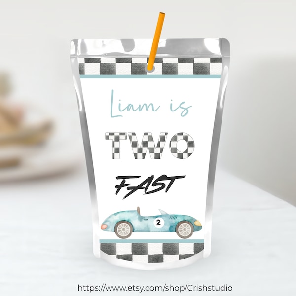 Editable Two fast Juice Label Racecar Favor Drink Label Racing car vintage Birthday template Instant Download R102