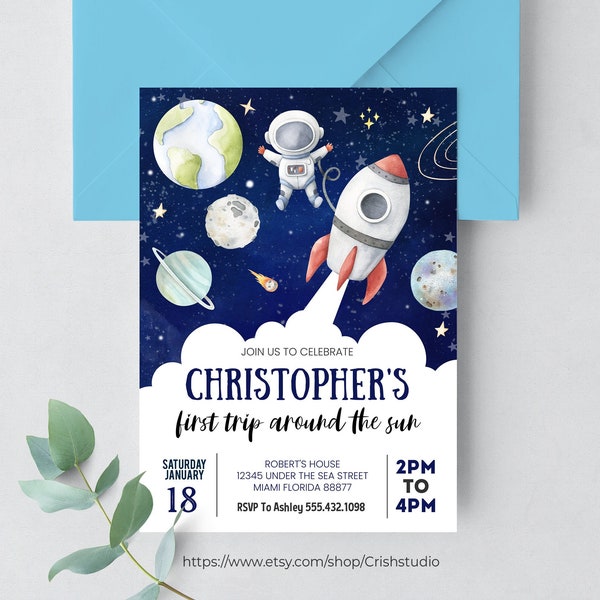 EDITABLE First Trip Around the Sun Outer Space First Birthday Invitation Galaxy Blast Off  Printable Templates Digital Download Corjl TA01