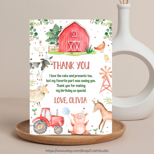 EDITABLE Farm Birthday Thank You Card Party Favors Greeting Card Farm Animals Farm Party Favors Farm Theme Party 2nd Birthday F101