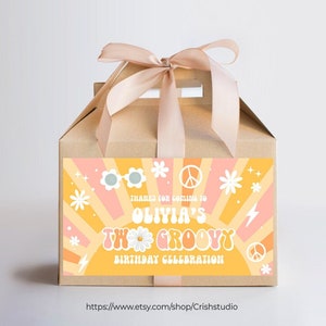 Editable Groovy Birthday Party favor Two Daisy Box Label Printables gift box labels Hippie Retro Templates Instant download, G114