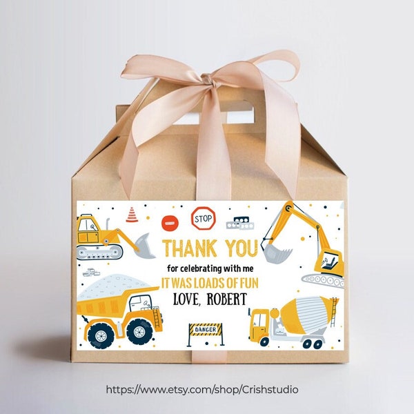 Editable Construction Gable Box Favor Label Dump Truck Digger Excavator Construction Birthday Party Gable Gift Box Instant Download C001