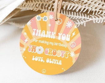 May include: Round, yellow thank you tag with a groovy 70s theme. It says "Thank you for making my birthday so groovy! Love, Olivia".
