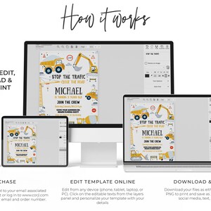 May include: A digital mockup showing how to edit, download, and share a construction-themed birthday invitation template. The template features a yellow construction truck and excavator with the text "Stop the Traffic Close the Road" and "Michael is turning 3 years old".