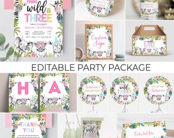 EDITABLE Young Wild And Three Birthday Package 3rd Birthday Girl Safari Birthday Jungle Animals Wild Child Birthday Girl S203