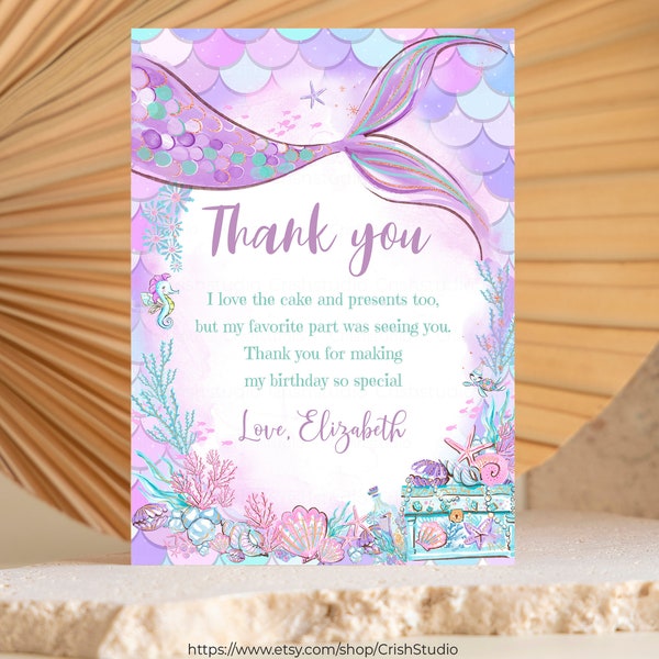 Under The Sea Thank You Card Editable Thank You Notes Cute Thank You Card Mermaid Birthday Thank You Cards Mermaid Party Favors M304