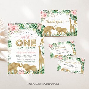 May include: A set of baby shower invitations and cards with a jungle theme. The invitation features gold foil animal silhouettes, pink flowers, and the text "A Little Wild One." Additional cards include "Thank You," "Book for Baby," and "Diaper Raffle."