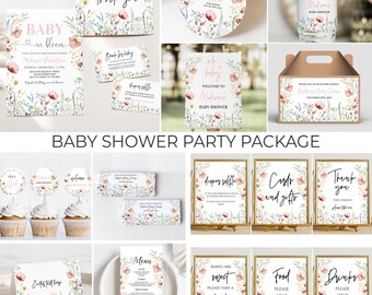 Op de afbeelding: Een baby shower partypakket met een bloemenmotief. Het pakket bevat uitnodigingen, bedankkaartjes, cupcaketoppers, etiketten voor waterflessen, cadeauboxen en borden. Het bloemenontwerp heeft roze en witte bloemen met groene bladeren.
