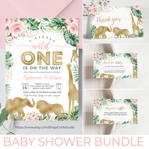 May include: Baby shower bundle with invitation, thank you, book for baby, and diaper raffle cards. The invitation features gold foil animal silhouettes, pink flowers, and tropical leaves. The text reads "A Little Wild One is on the Way."