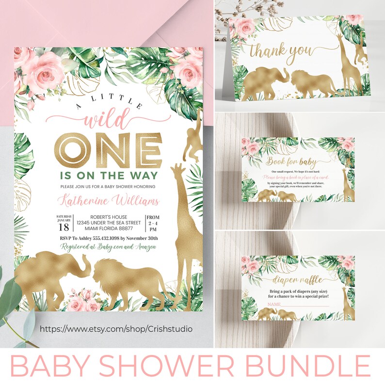 May include: Baby shower bundle with invitation, thank you, book for baby, and diaper raffle cards. The invitation features gold foil animal silhouettes, pink flowers, and tropical leaves. The text reads "A Little Wild One is on the Way."