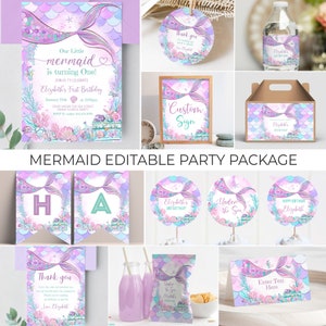 Editável nossa pequena sereia pacote de aniversário decoração de festa de aniversário sob o mar pacote de aniversário para impressão festa sereia m302