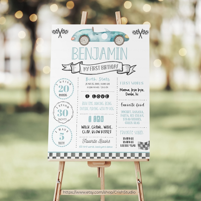 Peut inclure: Une affiche de jalons de premier anniversaire bleu et blanc pour un petit gar&ccedil;on nomm&eacute; Benjamin. L'affiche pr&eacute;sente une voiture de dessin anim&eacute;, un drapeau &agrave; damier et une liste de jalons, notamment le poids, la taille et les premiers mots. L'affiche comprend &eacute;galement une liste de plats, de chansons et de livres pr&eacute;f&eacute;r&eacute;s.