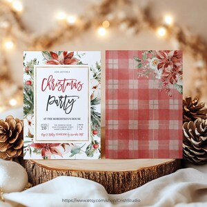 May include: A Christmas party invitation with a red and white plaid background and a watercolor illustration of poinsettias and greenery. The text reads "Join us for a Christmas Party at the Robertson's House".