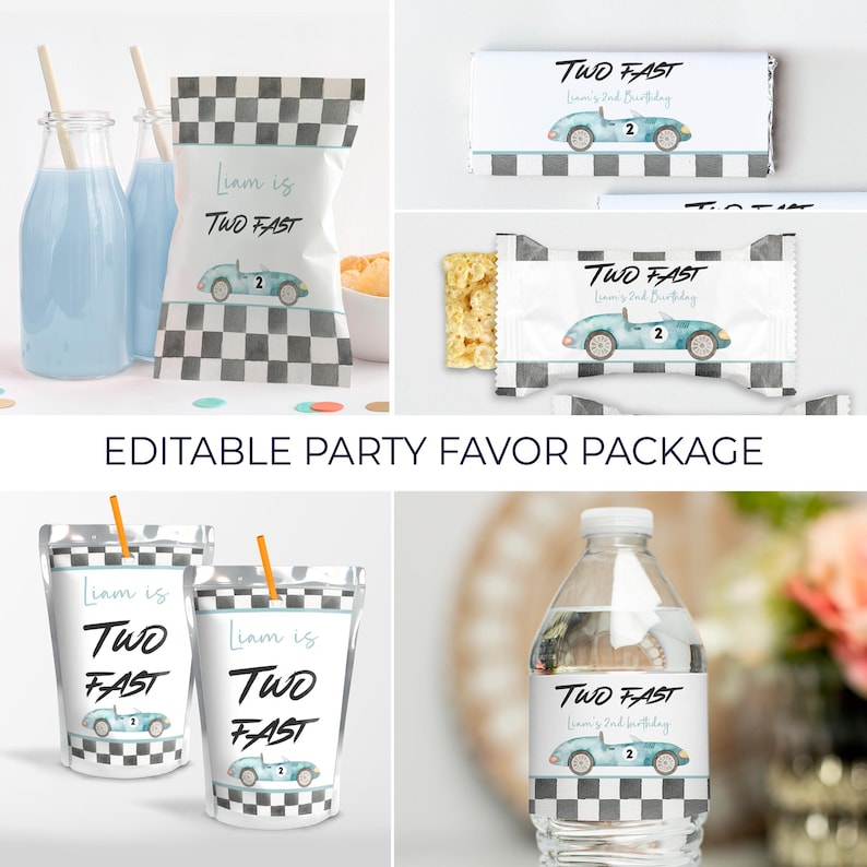 May include: Editable party favor package with a racing car theme. Includes labels for juice boxes, water bottles, snack bags, and candy bars. The labels feature a blue watercolor racing car with the text "Liam is Two Fast" and a checkered flag pattern.