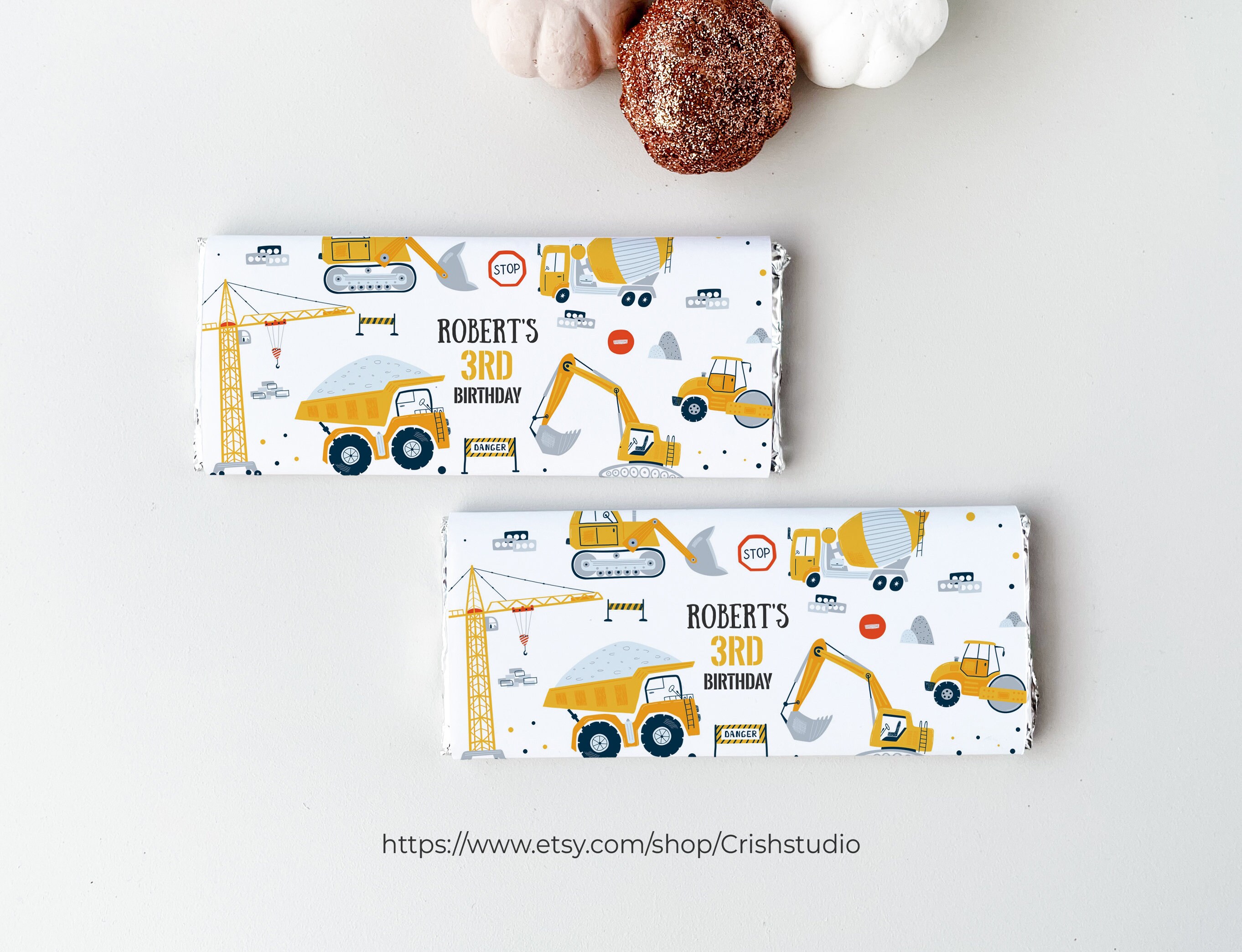 Label Digge Editable Construction Candy Bar Label Dump Truck Digger Excavator ...