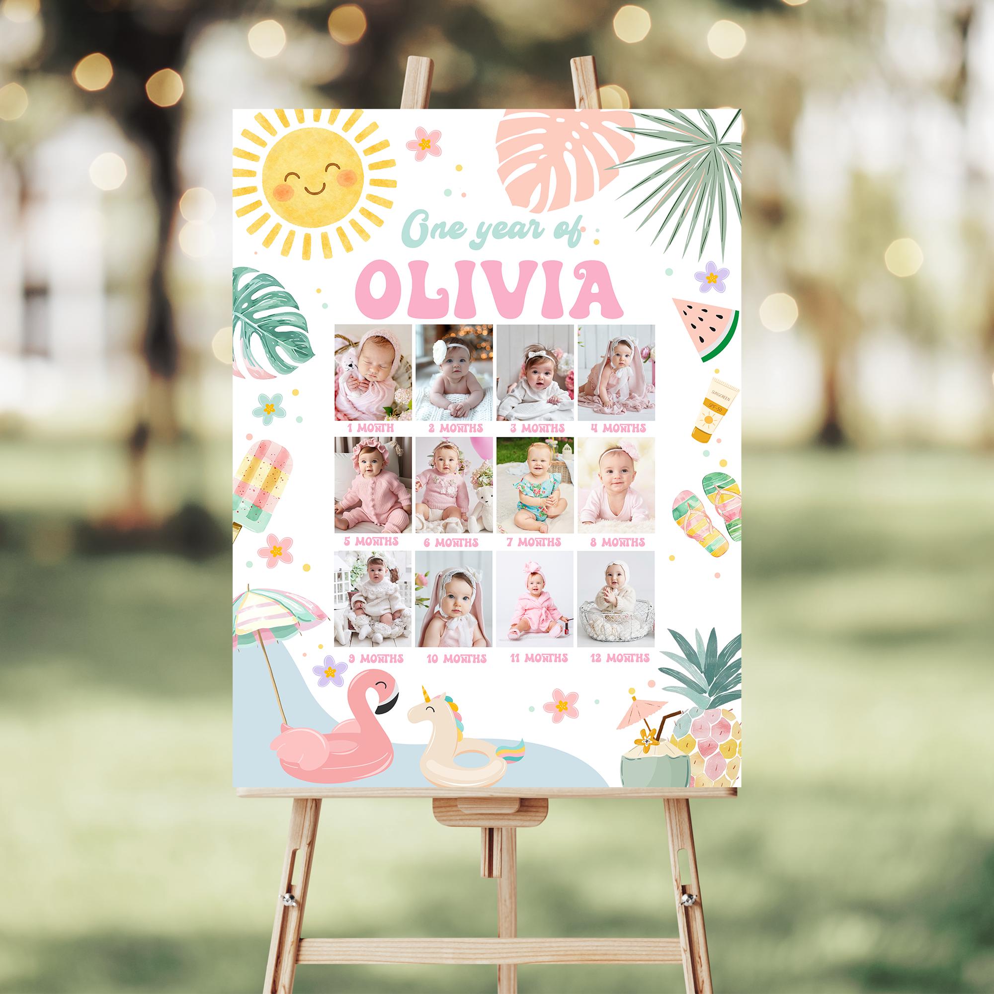 Editable One In The Sun Pool Party Monthly Milestones Custom Photo Poster Pool Party Decor Pool Party With Watercolors For Girls POL101